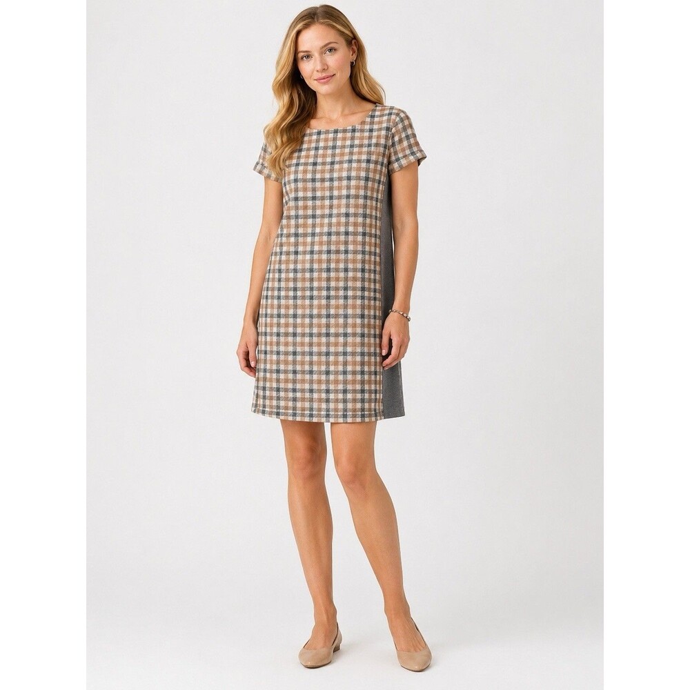 J Jill Women’s Small Plaid Shift Dress A Line Colorblock Short Sleeve Gray Work